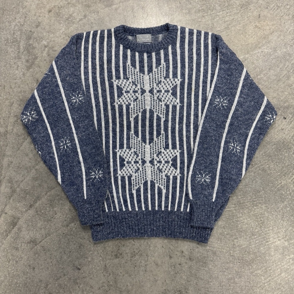 Vintage Le Tigre Nordic Lites Sweater Men's Large USA Blue Geometric Winter Knit